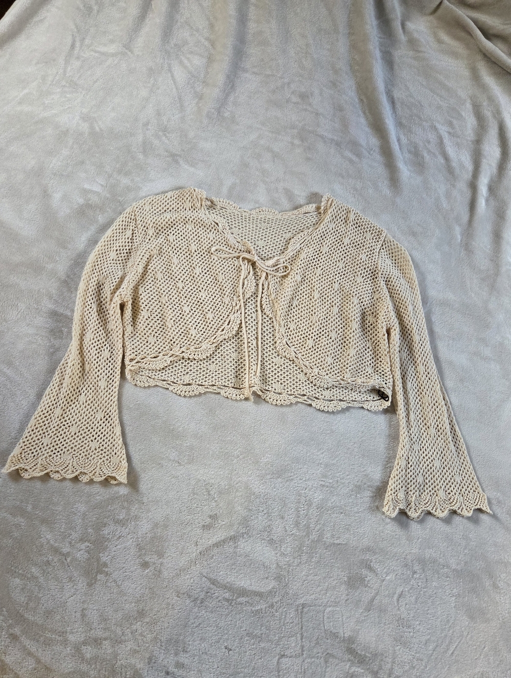 Cider Cream Open-Knit Crochet Top Tie Detailder Cropped Bell Sleeve Size 3XL